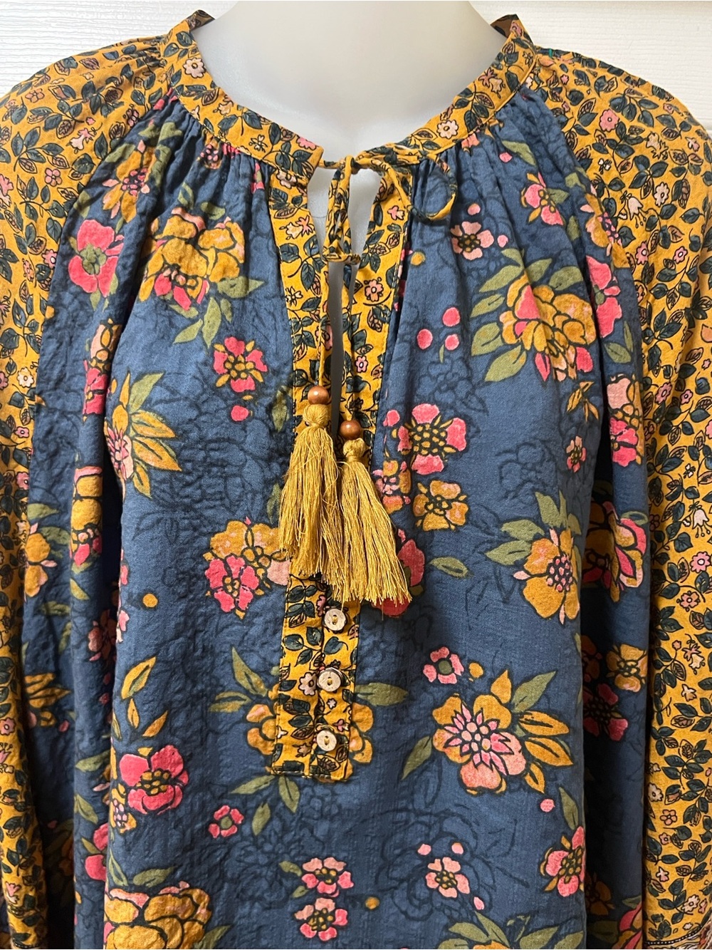 NATURAL LIFE Navy & Mustard Mixed Floral Peasant Blouse with Tassel - Picture 4 of 8
